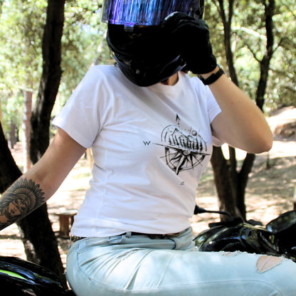 Tshirt coton blanc femme motarde road trip montagne
