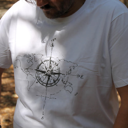 Tshirt biker blanc coton avec motif boussole rose des vents et mappemonde