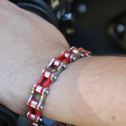 Bracelet motard chaine de moto en acier inox couleur rouge et acier