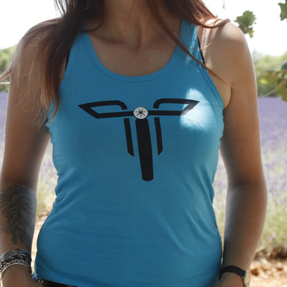 Zoom sur le débardeur turquoise pour femme en coton avec logo Theia Moto.
