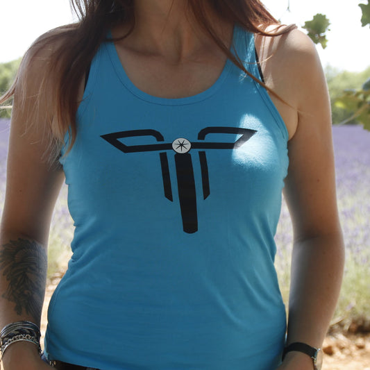 Zoom sur le débardeur turquoise pour femme en coton avec logo Theia Moto.