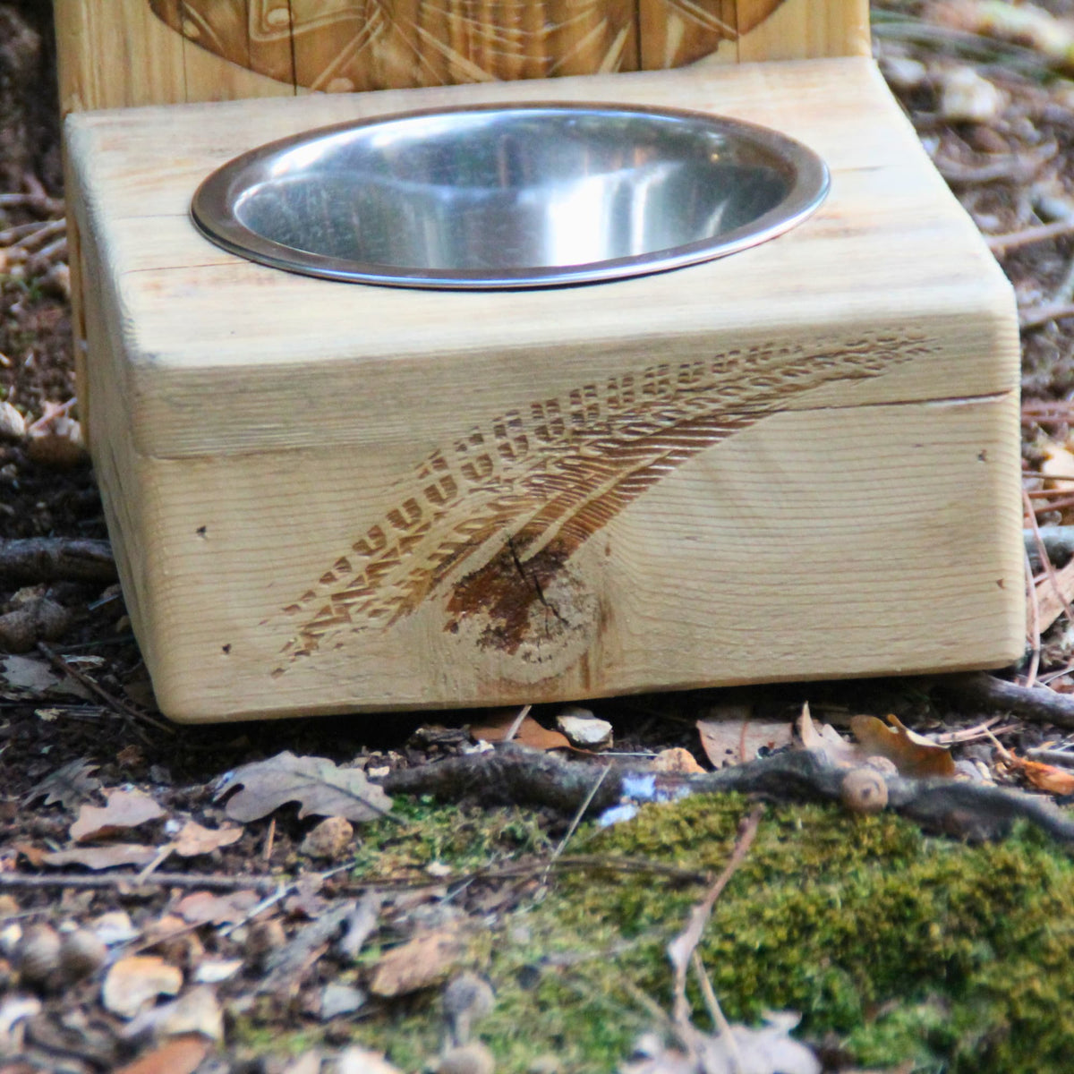 Zoom sur la gravure trace de pneu à l'avant de la gamelle pour chat inox et bois de palette