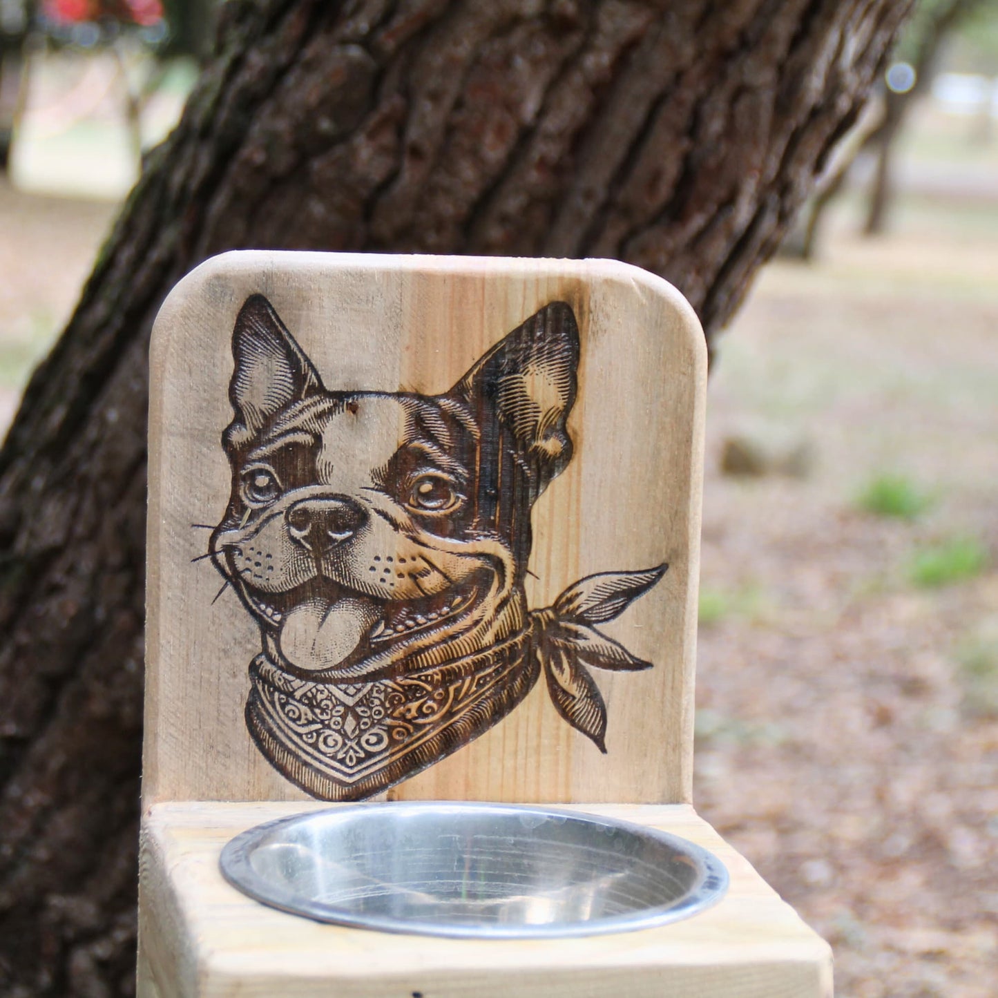 Gros plan sur la gamelle chien en inox amovible, insérée dans le Dog Bar en bois recyclé.