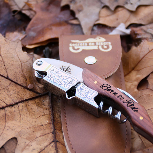 Limonadier en bois gravé Born to Ride avec son étui simili cuir