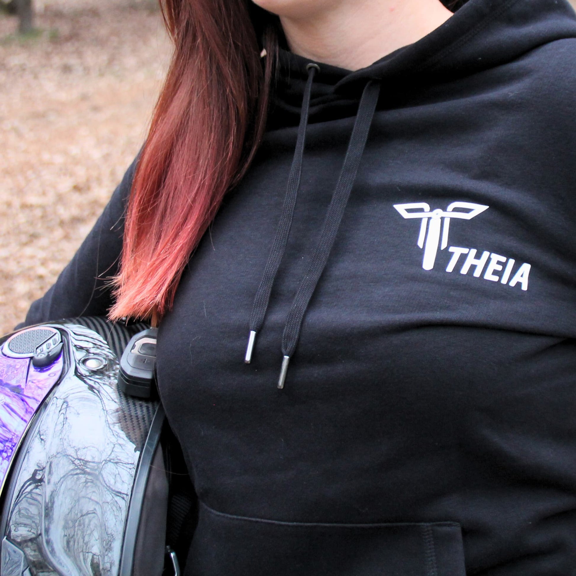 Sweat à capuche noir Theia Moto logo blanc